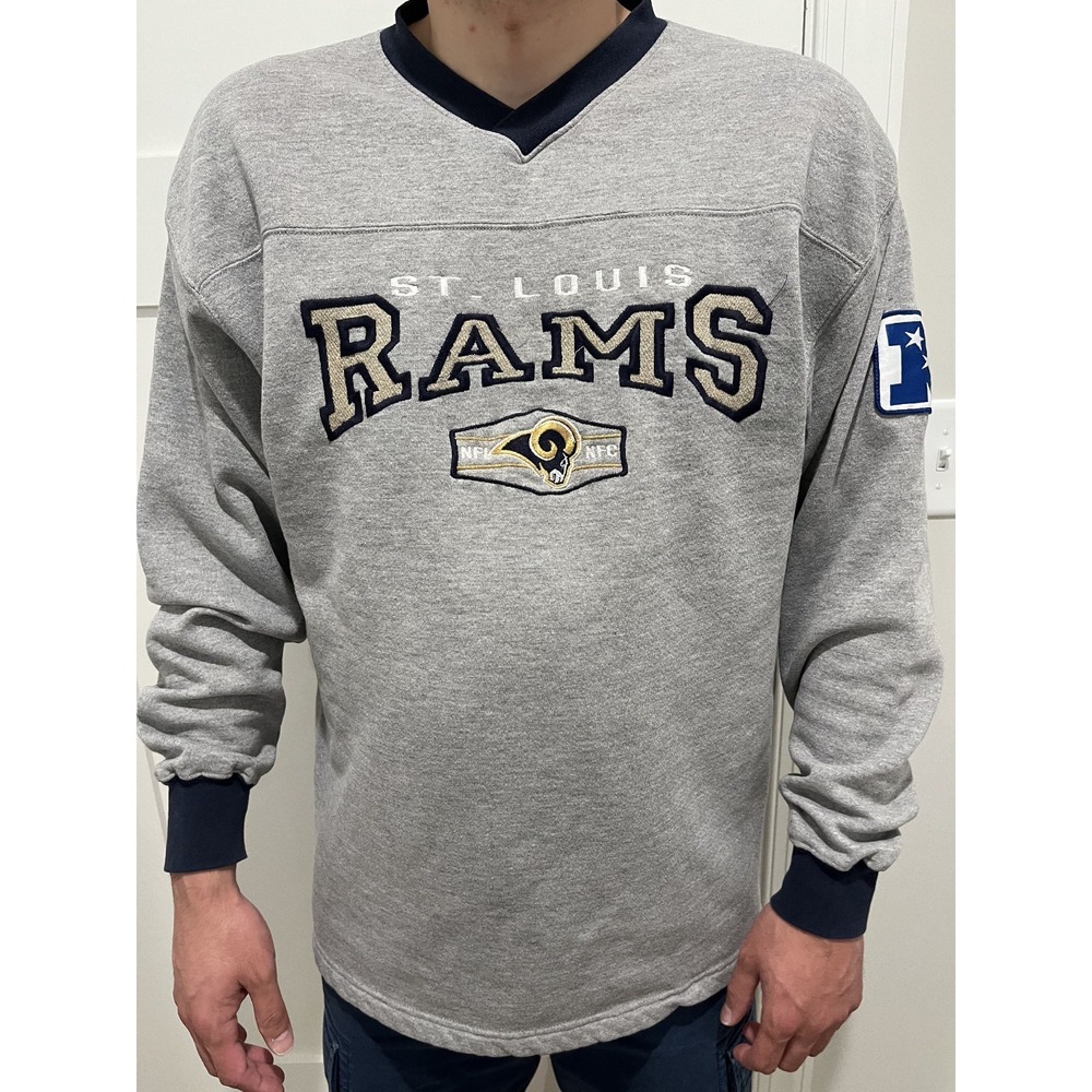 VTG St Louis Rams Mens Lrg‎ Gray Sweatshirt Blue Cuffs Preppy Casual Emboridered